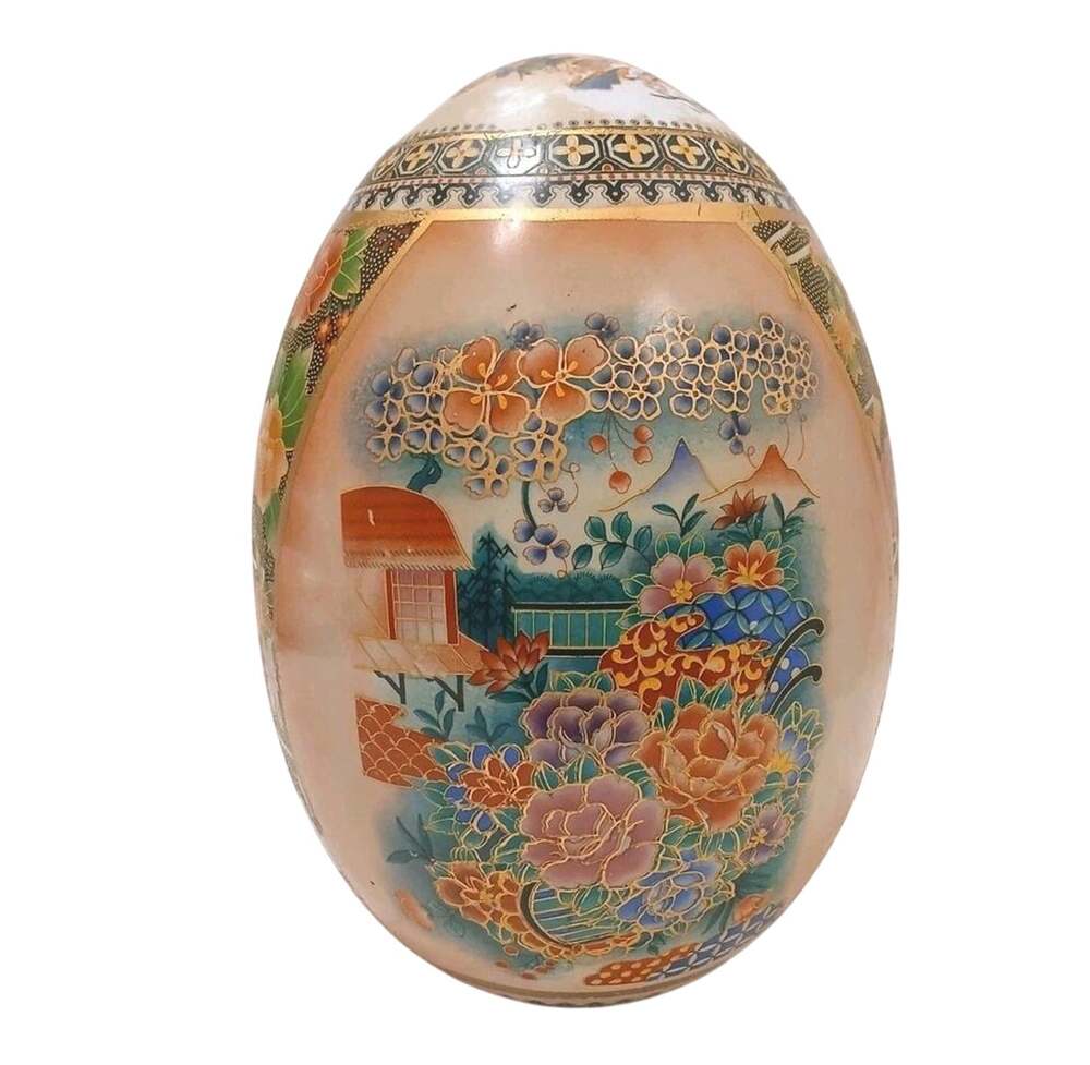 Japanese Satsuma Egg Huge 12" Asian Orient Decor Hand Painted Cloisonne Floral